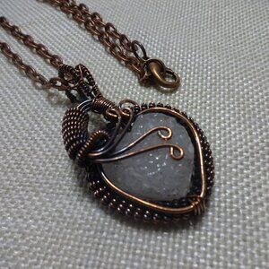 Rustic WHITE QUARTZ Handmade COPPER WIRE-WRAPPED Heart Pendant/Chain #375C